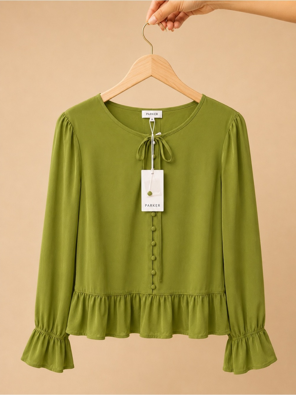 Parker- Olive Green Tie-Neck Ruffle satin Blouse - Women